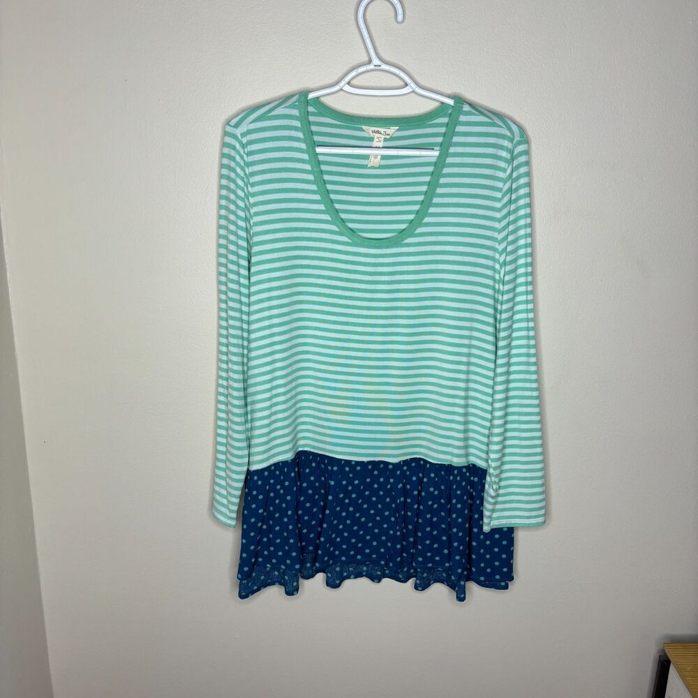 matilda jane womens long sleeve polka dot stripped shirt size L blue green